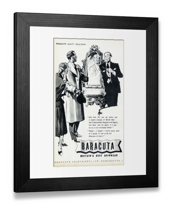 Framed Print : Baracuta. 1954: Advertisement for Baracuta showing a man trying on a raincoat Framed Print : Baracuta. 1954: Advertisement for Baracuta showing a man trying on a raincoat