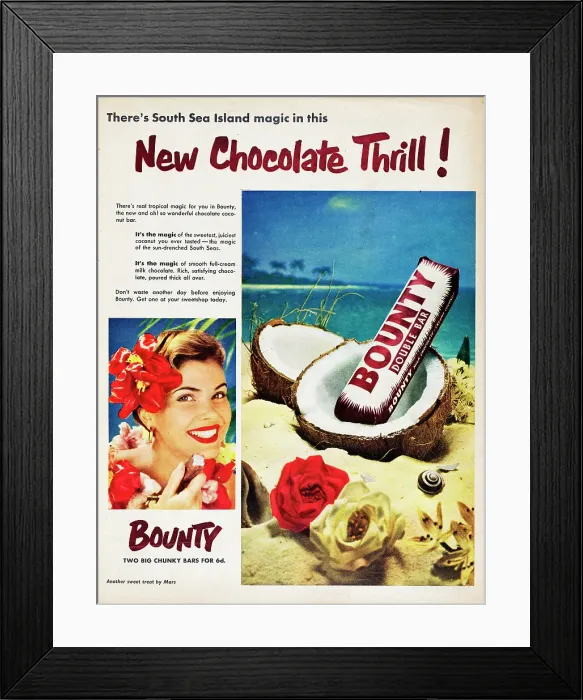 Framed Print : Bounty. 1954: Advertisement for Bounty showing a chocolate bar placed on an open coconut Framed Print : Bounty. 1954: Advertisement for Bounty showing a chocolate bar placed on an open coconut