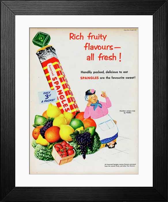 Framed Print : Spangles. 1954: Advertisement for Spangles sweets showing a grocer Framed Print : Spangles. 1954: Advertisement for Spangles sweets showing a grocer