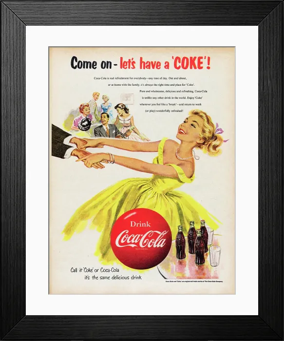 Framed Print : Coca-Cola. 1954: Advertisement for Coca-Cola showing a woman dancing Framed Print : Coca-Cola. 1954: Advertisement for Coca-Cola showing a woman dancing