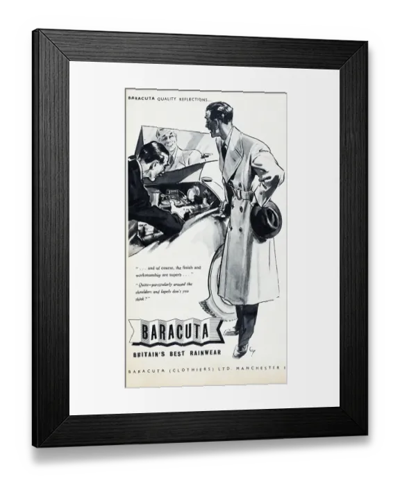 Framed Print : Baracuta. 1954: Advertisement for Baracuta clothing showing a man busy Framed Print : Baracuta. 1954: Advertisement for Baracuta clothing showing a man busy