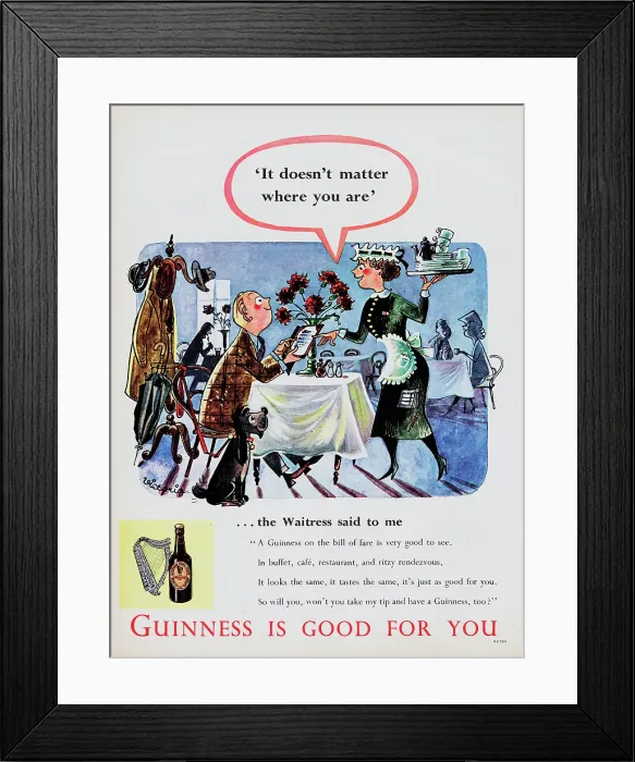 Framed Print : Guinness. 1954: Advertisement for Guinness stout showing a waitress serving Framed Print : Guinness. 1954: Advertisement for Guinness stout showing a waitress serving