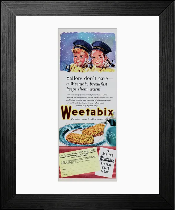 Framed Print : Weetabix. 1954: Advertisement for Weetabix breakfast cereal showing a young boy Framed Print : Weetabix. 1954: Advertisement for Weetabix breakfast cereal showing a young boy