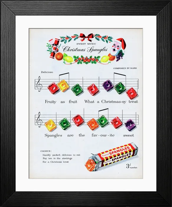 Framed Print : Spangles. 1953: A Christmas advertisement for Spangles showing the sweets Framed Print : Spangles. 1953: A Christmas advertisement for Spangles showing the sweets