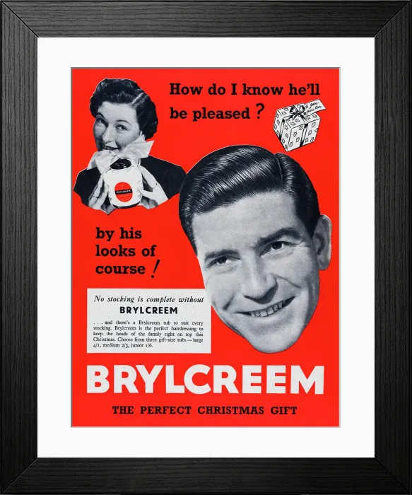 Framed Print : Brylcreem. 1953: A Christmas advertisement for Brylcreem men's hair styling