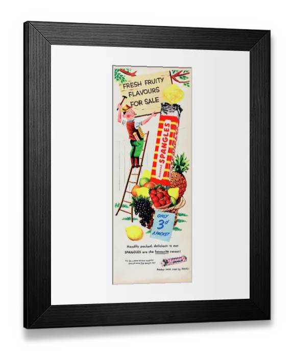 Framed Print : Spangles. 1953: Advertisement for Spangles with the caption fresh fruity Framed Print : Spangles. 1953: Advertisement for Spangles with the caption fresh fruity