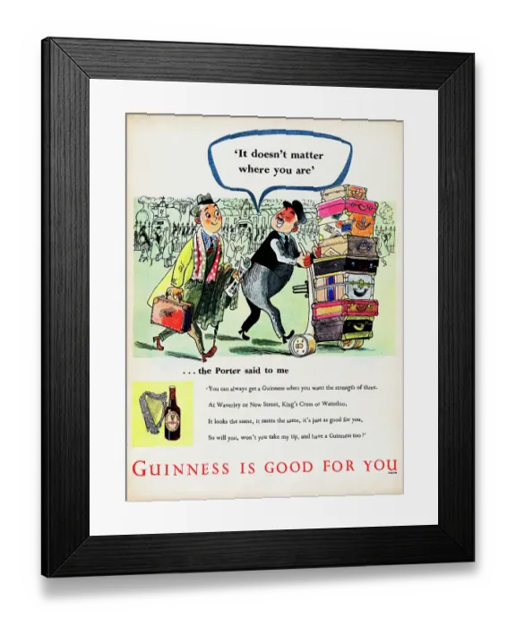 Framed Print : Guinness. 1953: Advertisement for Guinness stout showing a railway station Framed Print : Guinness. 1953: Advertisement for Guinness stout showing a railway station
