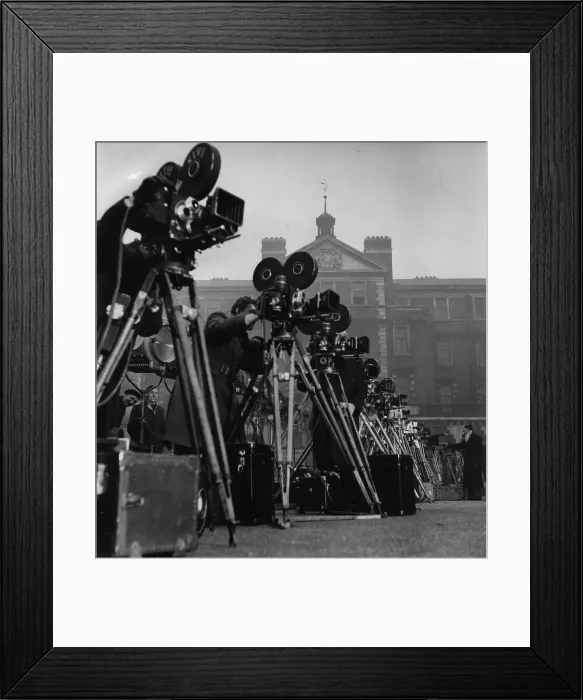 Framed Print : Smile. June 1953: A line of movie cameras and tripods set up for the Coronation Framed Print : Smile. June 1953: A line of movie cameras and tripods set up for the Coronation