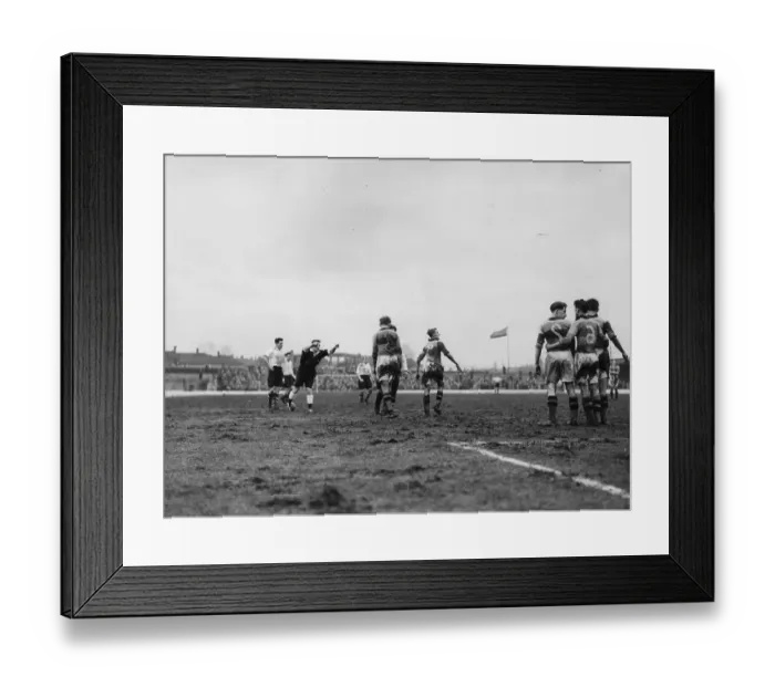 Framed Print : Free Kick. 2nd April 1953: The referee orders Bradford Park Avenue players Framed Print : Free Kick. 2nd April 1953: The referee orders Bradford Park Avenue players