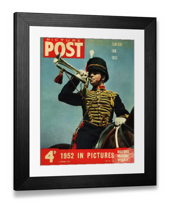 Framed Print : Fanfare. 3rd January 1953: A mounted Hussar in his distinctive uniform blowing a trumpet Framed Print : Fanfare. 3rd January 1953: A mounted Hussar in his distinctive uniform blowing a trumpet