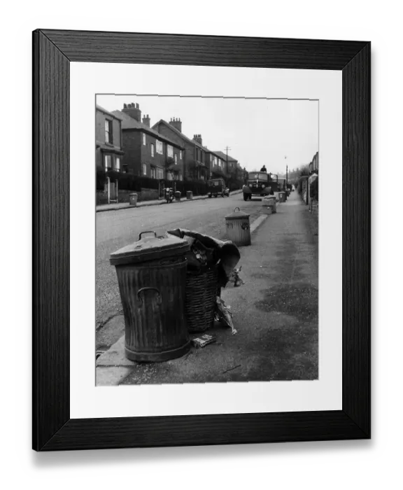 Framed Print : Bin Day. 1953: Dust bins stand on the pavement's edge waiting for the dust Framed Print : Bin Day. 1953: Dust bins stand on the pavement's edge waiting for the dust
