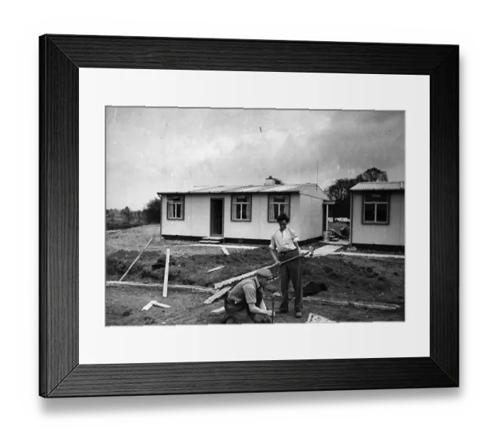 Framed Print : New Path. 1953: Workmen preparing the ground for a path into a new prefabricated community Framed Print : New Path. 1953: Workmen preparing the ground for a path into a new prefabricated community