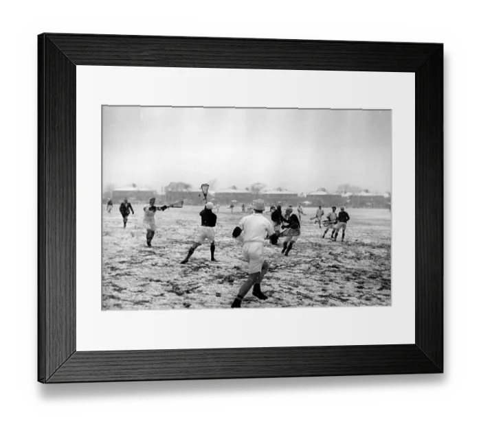 Framed Print : Lacrosse. 1952: People playing lacrosse in a snow-covered field Framed Print : Lacrosse. 1952: People playing lacrosse in a snow-covered field