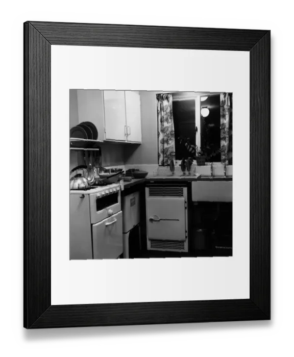 Framed Print : Kitchen. 1951: A clean and tidy kitchen in a family home Framed Print : Kitchen. 1951: A clean and tidy kitchen in a family home
