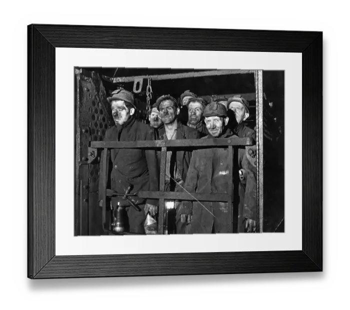 Framed Print : Coal Lift. January 1947: A group of coal miners in the lift at a mine Framed Print : Coal Lift. January 1947: A group of coal miners in the lift at a mine