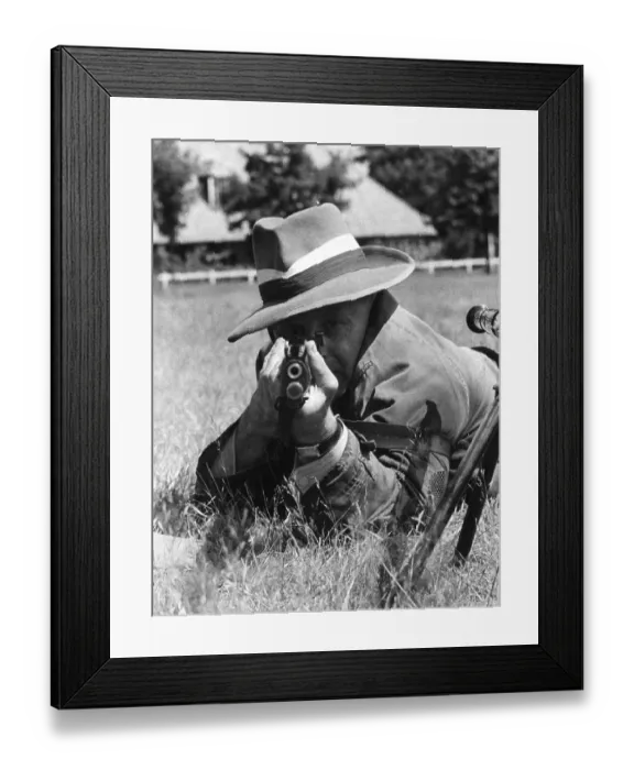 Framed Print : Sure Shot. 27th July 1946: Captain Eccles target shooting at Bisley Framed Print : Sure Shot. 27th July 1946: Captain Eccles target shooting at Bisley