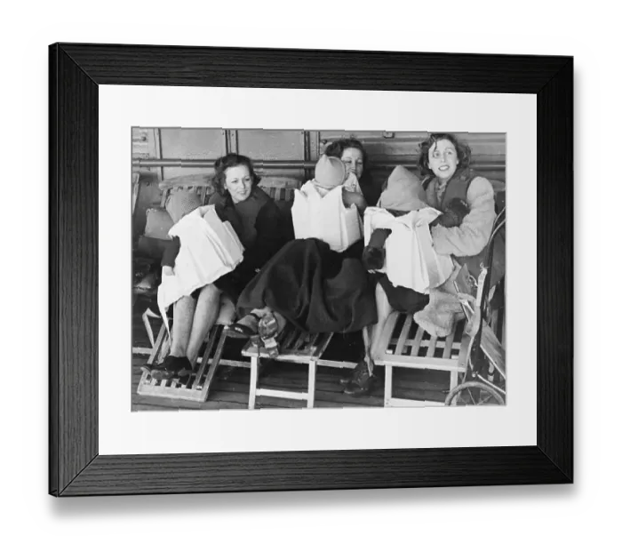 Framed Print : GI Brides. Three British GI brides with their babies in lifejackets crossing Framed Print : GI Brides. Three British GI brides with their babies in lifejackets crossing