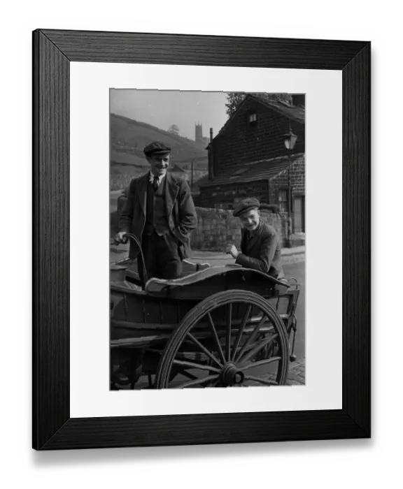 Framed Print : Milkmen. 30th June 1945: Two men delivering large churns of milk on a cart Framed Print : Milkmen. 30th June 1945: Two men delivering large churns of milk on a cart