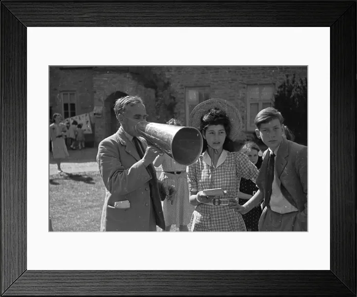 Framed Print : Mr Beaky. 12th June 1943: A man with a loudhailer at Dartington Hall Foundation Framed Print : Mr Beaky. 12th June 1943: A man with a loudhailer at Dartington Hall Foundation
