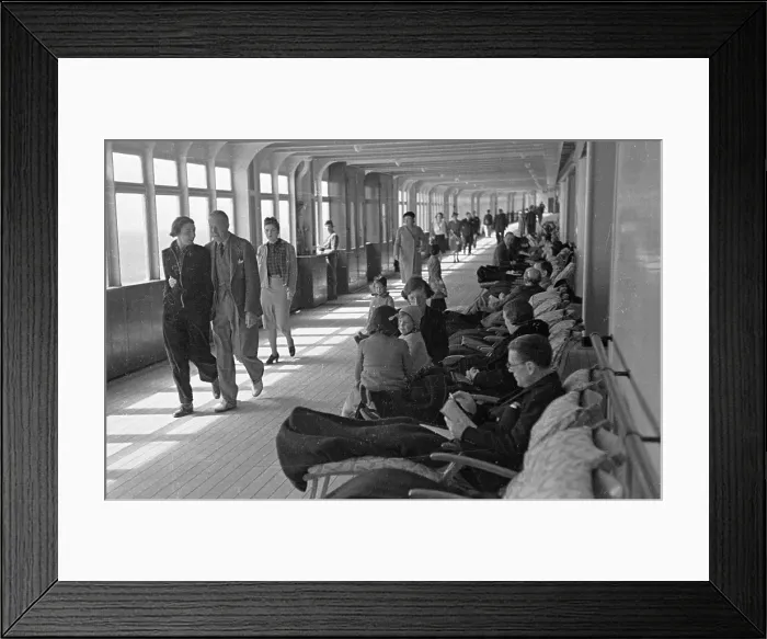 Framed Print : Deck Walk. 12th August 1939: Passengers on board the liner Queen Mary take