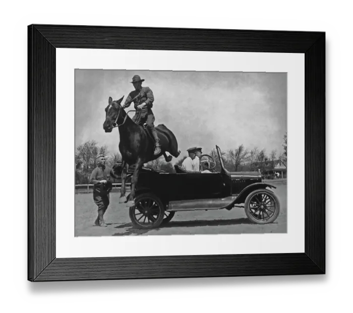 Framed Print : Cavalryman Jumps Car Framed Print : Cavalryman Jumps Car