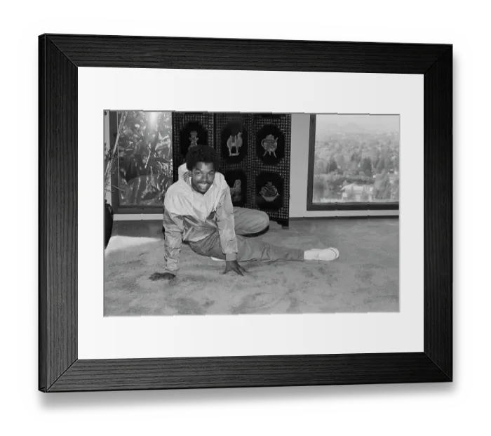 Framed Print : Breakin. A breakdancer reclining on a marble-effect tiled floor, United States, circa 1985 Framed Print : Breakin. A breakdancer reclining on a marble-effect tiled floor, United States, circa 1985