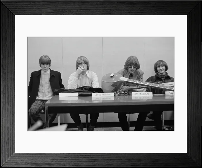 Framed Print : The Byrds. American rock band the Byrds at a press conference with a sitar, circa 1965 Framed Print : The Byrds. American rock band the Byrds at a press conference with a sitar, circa 1965