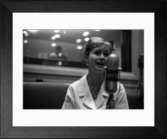 Framed Print : Debbie Reynolds at a Vintage Microphone