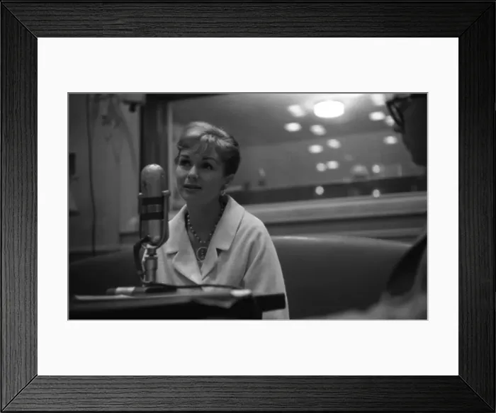 Framed Print : Debbie Reynolds at a Vintage Microphone Framed Print : Debbie Reynolds at a Vintage Microphone