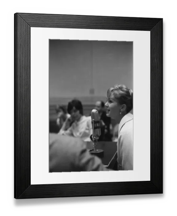 Framed Print : Debbie Reynolds at a Vintage Microphone Framed Print : Debbie Reynolds at a Vintage Microphone