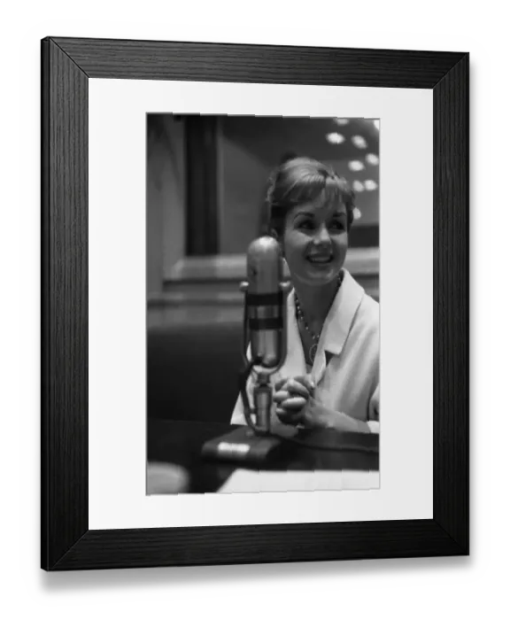 Framed Print : Debbie Reynolds at a Vintage Microphone Framed Print : Debbie Reynolds at a Vintage Microphone