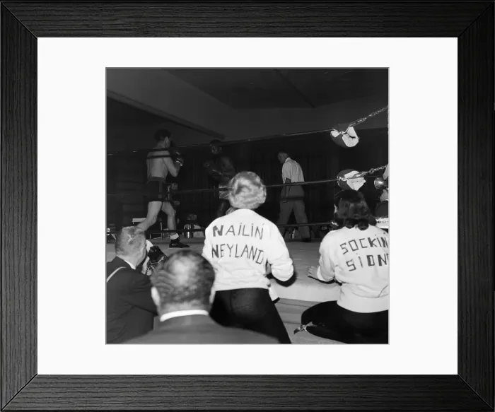 Framed Print : Boxing. LOS ANGELES, CA - CIRCA 1957: A view as two women wear sweat shirt Framed Print : Boxing. LOS ANGELES, CA - CIRCA 1957: A view as two women wear sweat shirt