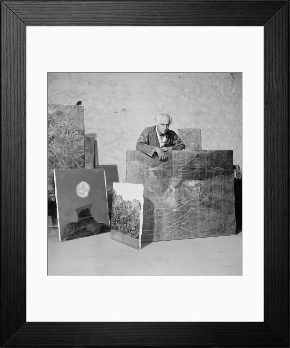 Framed Print : Max Ernst. German artist Max Ernst (1891 - 1976) with some of his works in France Framed Print : Max Ernst. German artist Max Ernst (1891 - 1976) with some of his works in France
