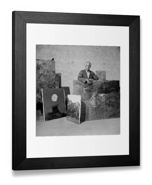 Framed Print : Max Ernst. German artist Max Ernst (1891 - 1976) with some of his works in France Framed Print : Max Ernst. German artist Max Ernst (1891 - 1976) with some of his works in France