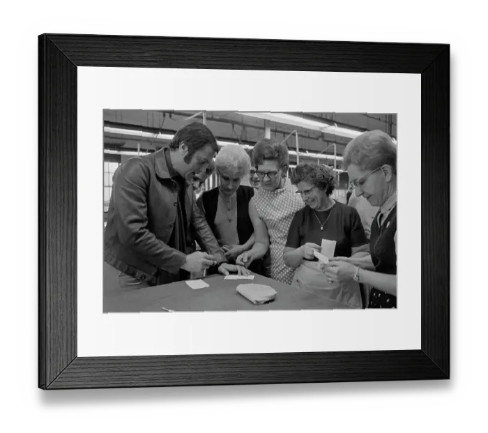 Framed Print : Tony Curtis Visits The Tom James Company Factory, Perth Amboy, New Jersey Framed Print : Tony Curtis Visits The Tom James Company Factory, Perth Amboy, New Jersey