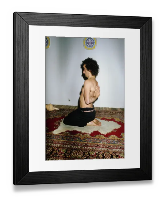 Framed Print : Yoga Folk. A shirtless man in black trousers, holding a yoga pose with Framed Print : Yoga Folk. A shirtless man in black trousers, holding a yoga pose with