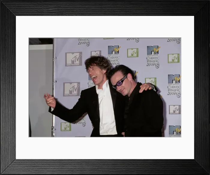 Framed Print : Mick Jagger And Bono Attend 1999 MTV EMA Framed Print : Mick Jagger And Bono Attend 1999 MTV EMA
