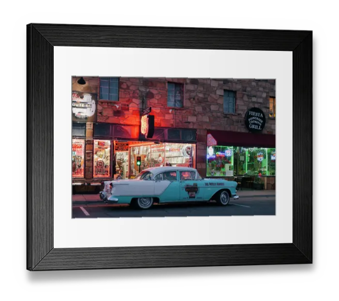 Framed Print : Classic car and neon signs in Williams at night along Route 66 Framed Print : Classic car and neon signs in Williams at night along Route 66