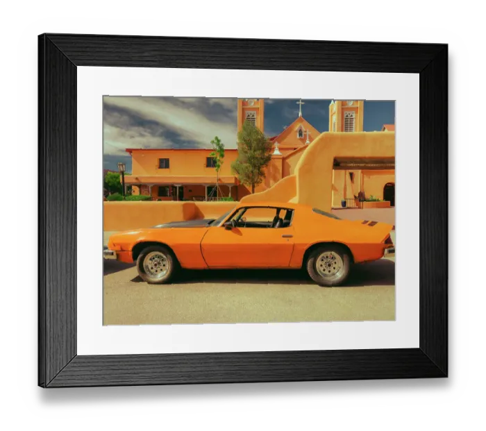 Framed Print : 1970's Bright Orange Camaro and Adobe Church in the Southwest, USA