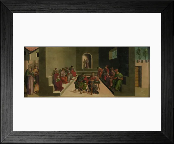 Framed Print : Italy, Lombardy, Milan, Brera Picture Gallery. Whole artwork view. The painting is about the dispute among the doctors and Jesus Christ in the temple; he is seated with his back turned on the viewer; next to him another doctor is seated