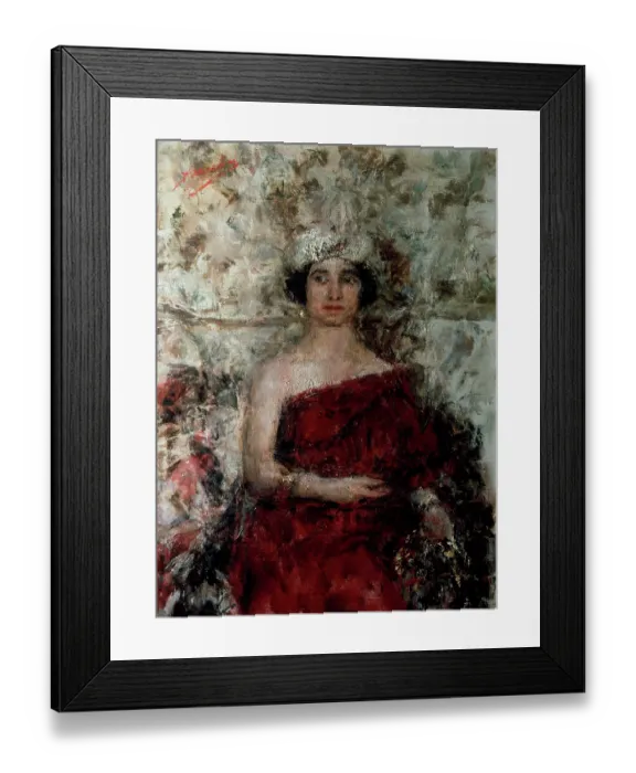 Framed Print : Lady in red with a turban (Signora in rosso con turbante), by Antonio Mancini, 1927, 20th Century, oil on canvas, 100 x 75 cm Framed Print : Lady in red with a turban (Signora in rosso con turbante), by Antonio Mancini, 1927, 20th Century, oil on canvas, 100 x 75 cm