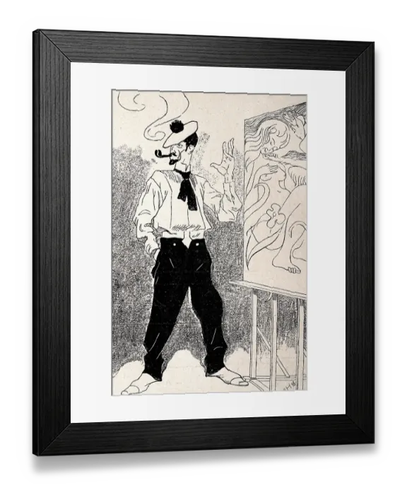 Framed Print : Caricature of an artist standing in front of his latest work of art, smoking pipe, Jugendstil, German Art Nouveau, 1890s, 19th Century Framed Print : Caricature of an artist standing in front of his latest work of art, smoking pipe, Jugendstil, German Art Nouveau, 1890s, 19th Century