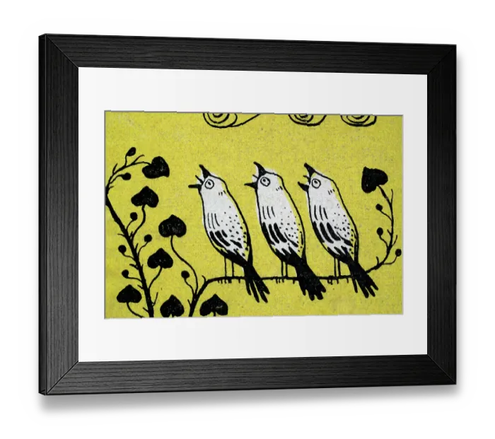 Framed Print : Three birds perching on a branch singing, Jugendstil, German Art Nouveau, 1890s, 19th Century