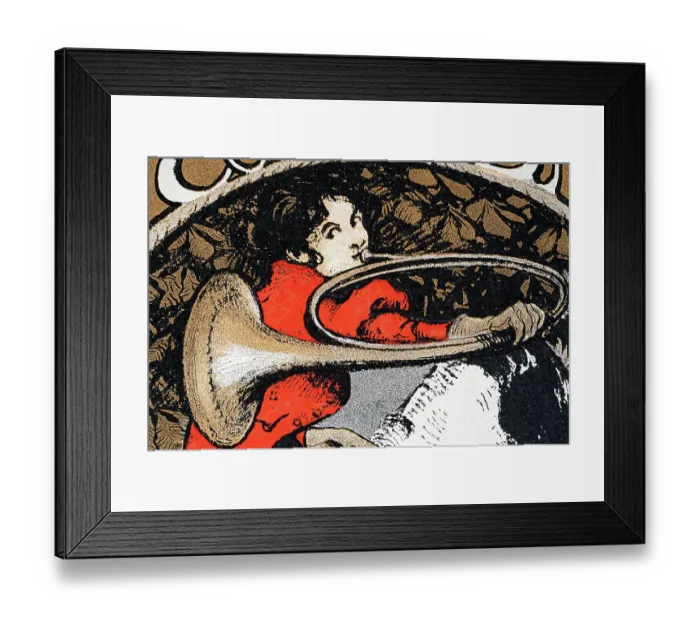 Framed Print : Young woman blowing a French horn, , Jugendstil, German Art Nouveau, 1890s, 19th Century Framed Print : Young woman blowing a French horn, , Jugendstil, German Art Nouveau, 1890s, 19th Century