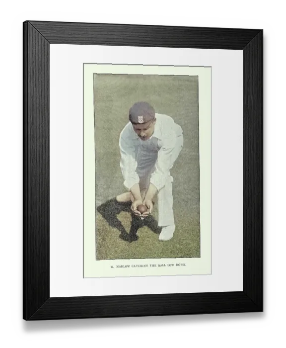 Framed Print : History of Cricket, Fielder catching the ball low, 19th Century vintage photograph