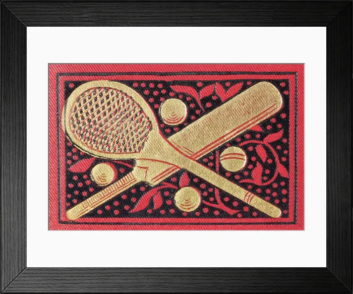 Framed Print : History of Sports, Crossed Tennis racquet and Cricket bat, with balls, Victorian 19th Century Framed Print : History of Sports, Crossed Tennis racquet and Cricket bat, with balls, Victorian 19th Century