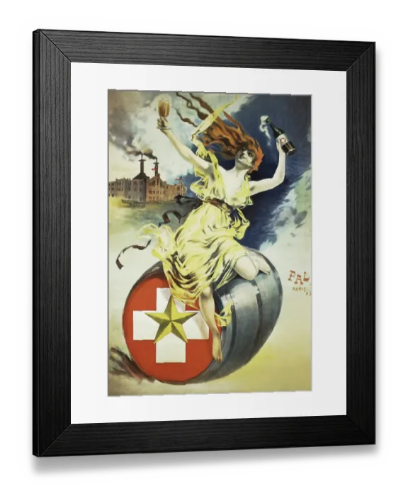 Framed Print : Vintage poster of woman sitting on beer barrel Framed Print : Vintage poster of woman sitting on beer barrel