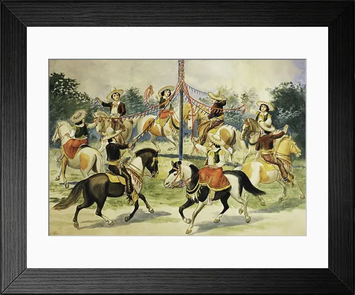Framed Print : Vintage poster of horse riders wrapping ribbons around maypole Framed Print : Vintage poster of horse riders wrapping ribbons around maypole