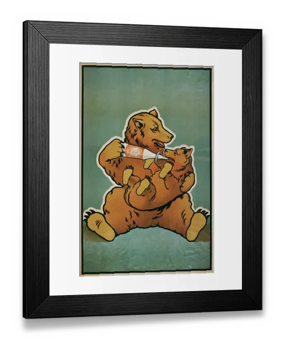 Framed Print : Vintage poster of mother bear feeding baby bear with bottle Framed Print : Vintage poster of mother bear feeding baby bear with bottle