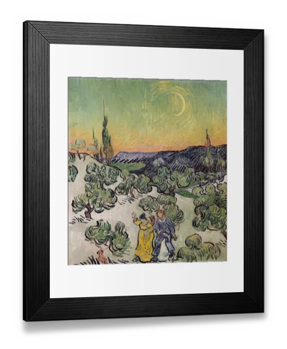 Framed Print : Landscape With Couple Walking And Crescent Moon